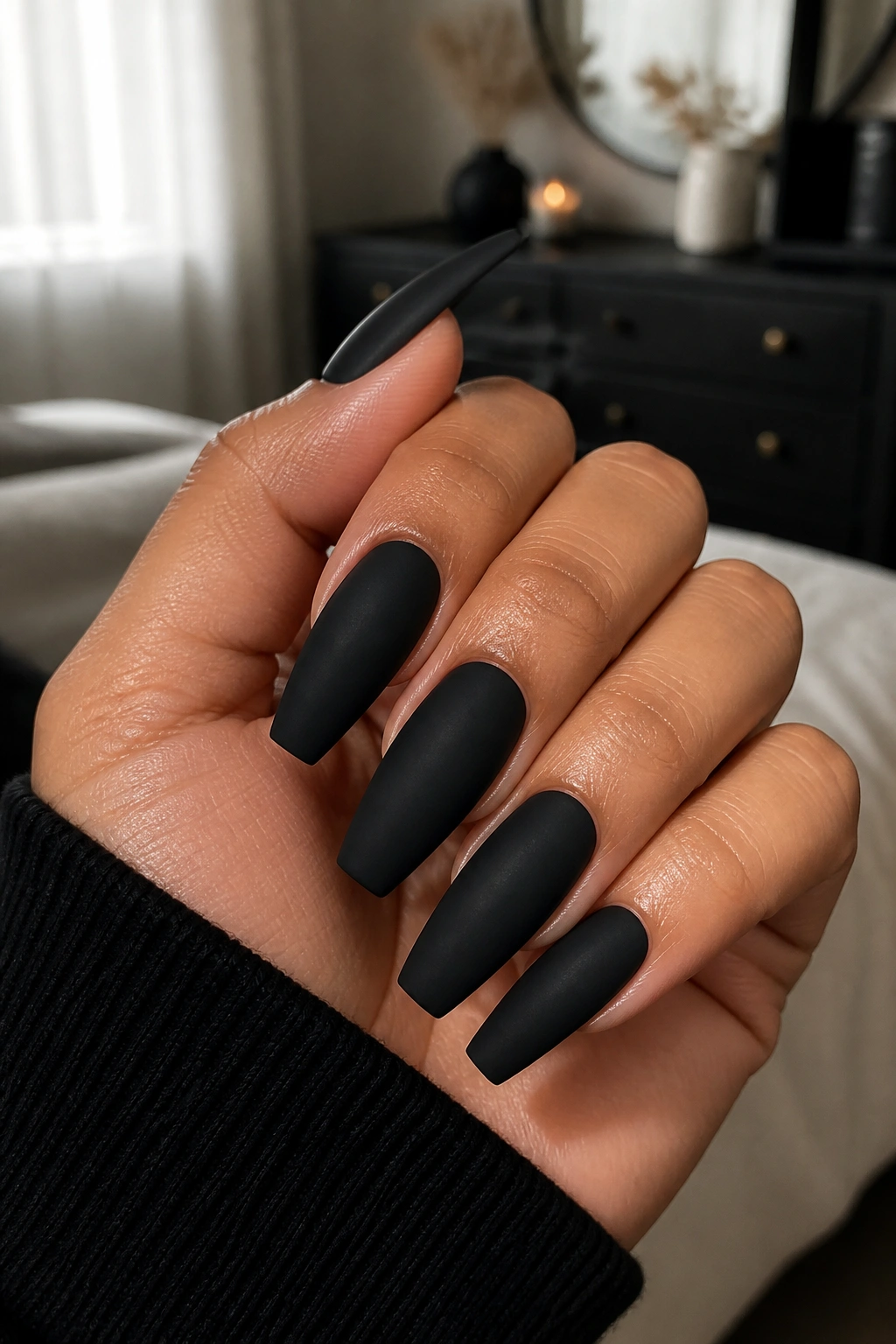 Close-up of matte black coffin nails on real hand