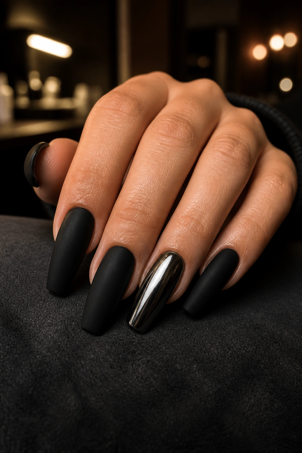 Close-up of a hand with nine matte black coffin nails and one gunmetal chrome accent nail on the ring finger
