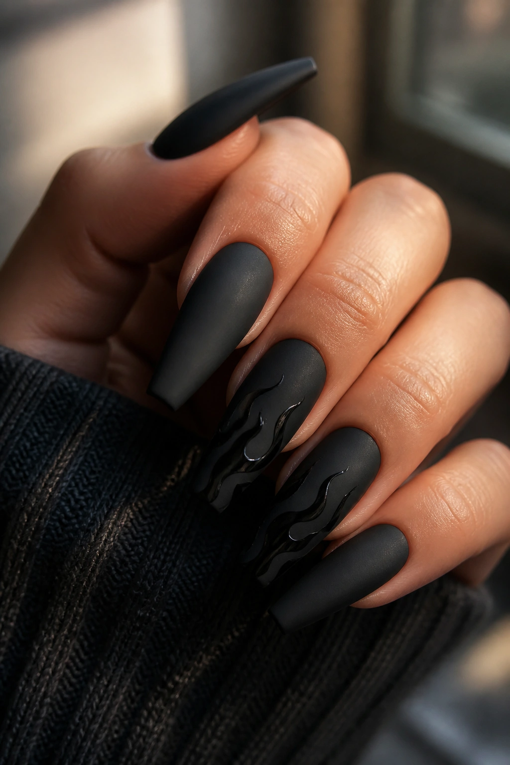 Matte black coffin nails with gloss flame art on accent nails