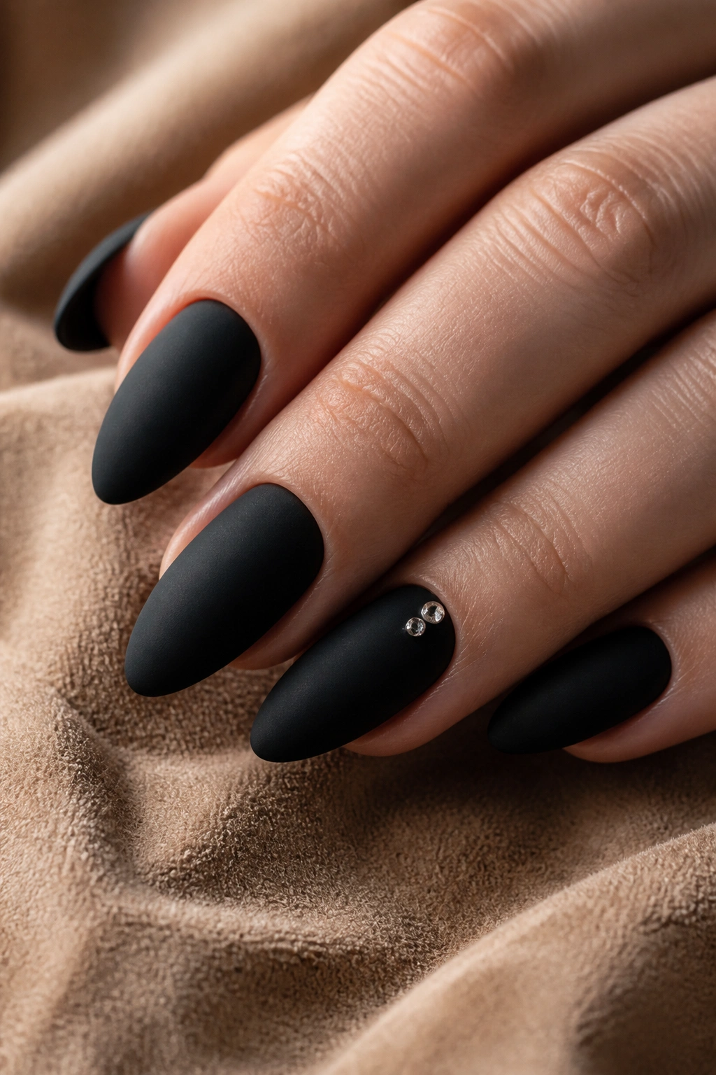 Close-up of almond nails in matte black with tiny rhinestones near the cuticle