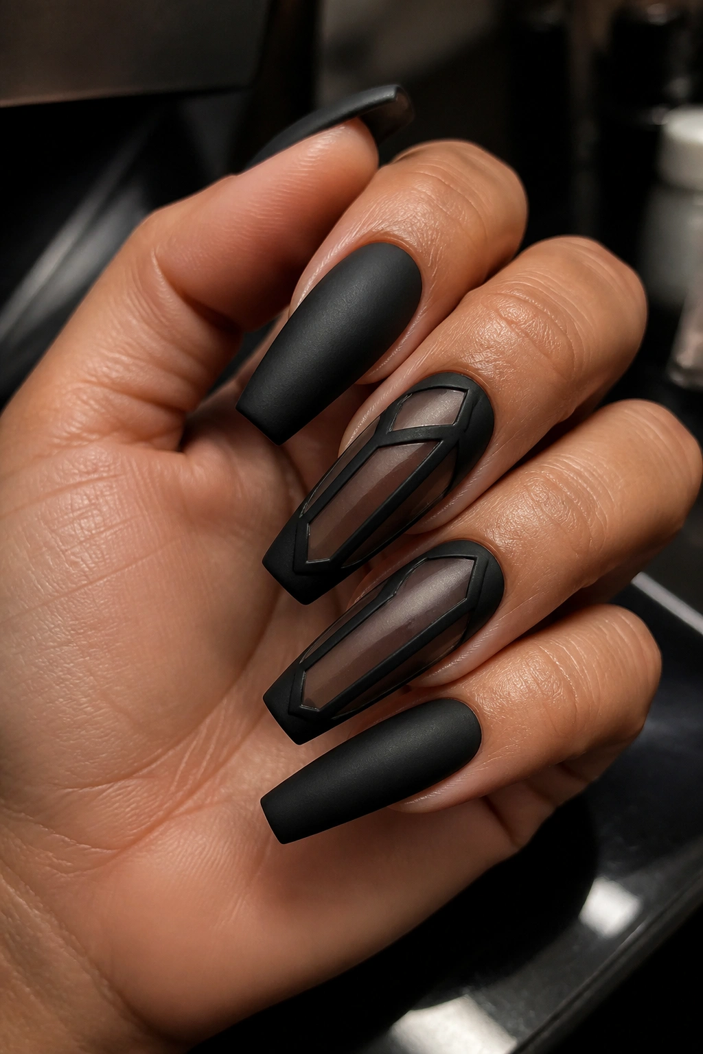 Matte black coffin nails with sheer smoke window panels
