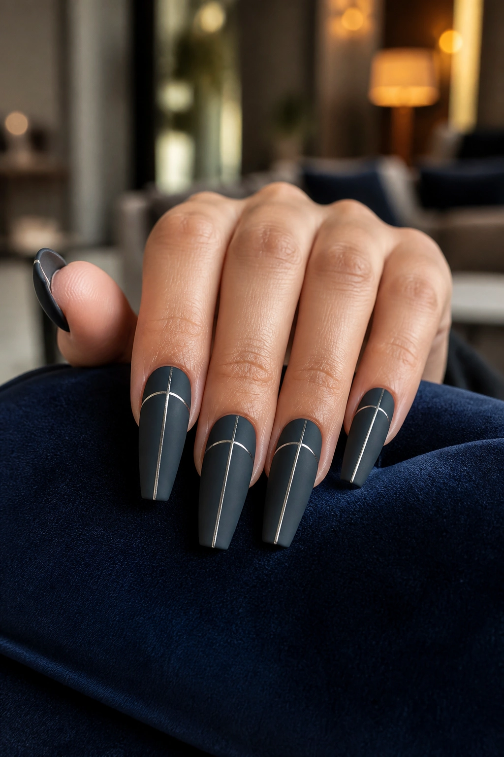 Close-up of matte charcoal coffin nails with silver linework on a real hand
