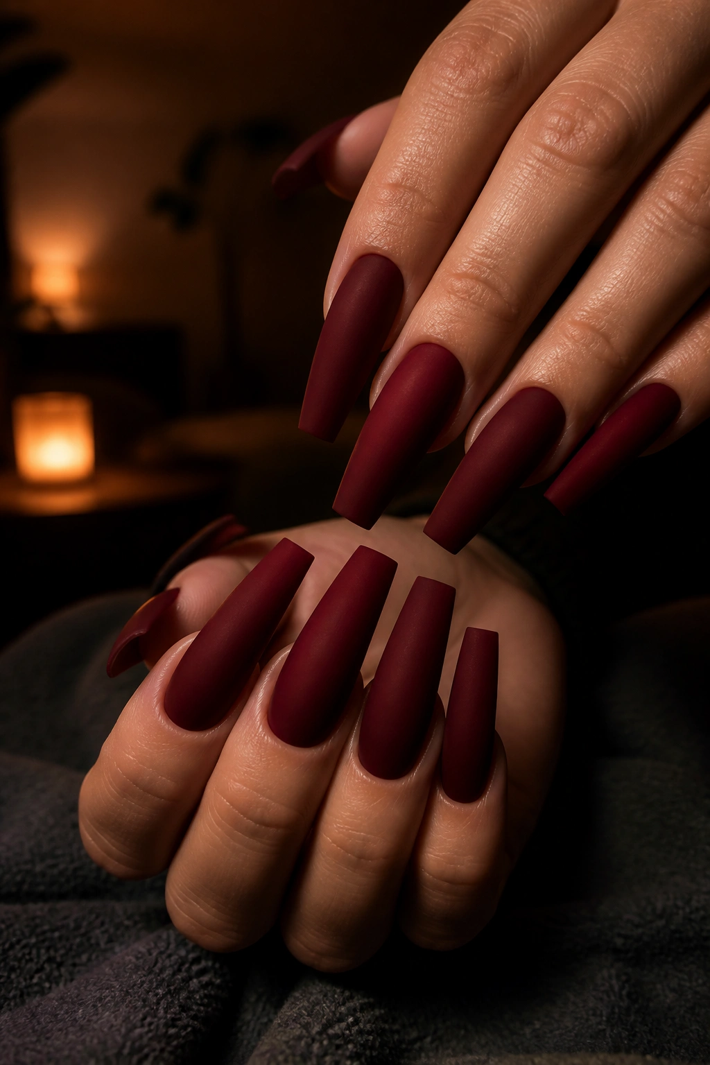 Matte dark cherry red coffin nails with sharp ends