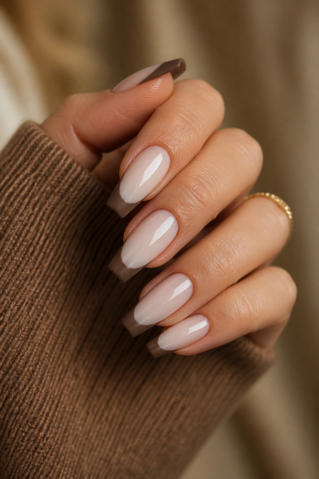 Matte cocoa tips on coffin nails with glossy milky base