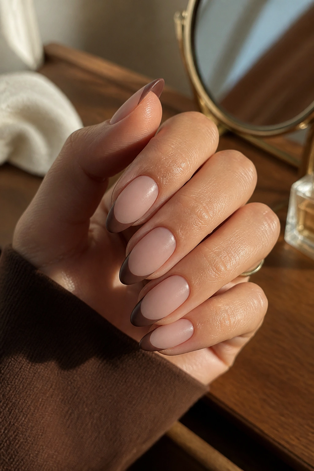 Close-up of almond nails with matte cocoa French tips on a nude base