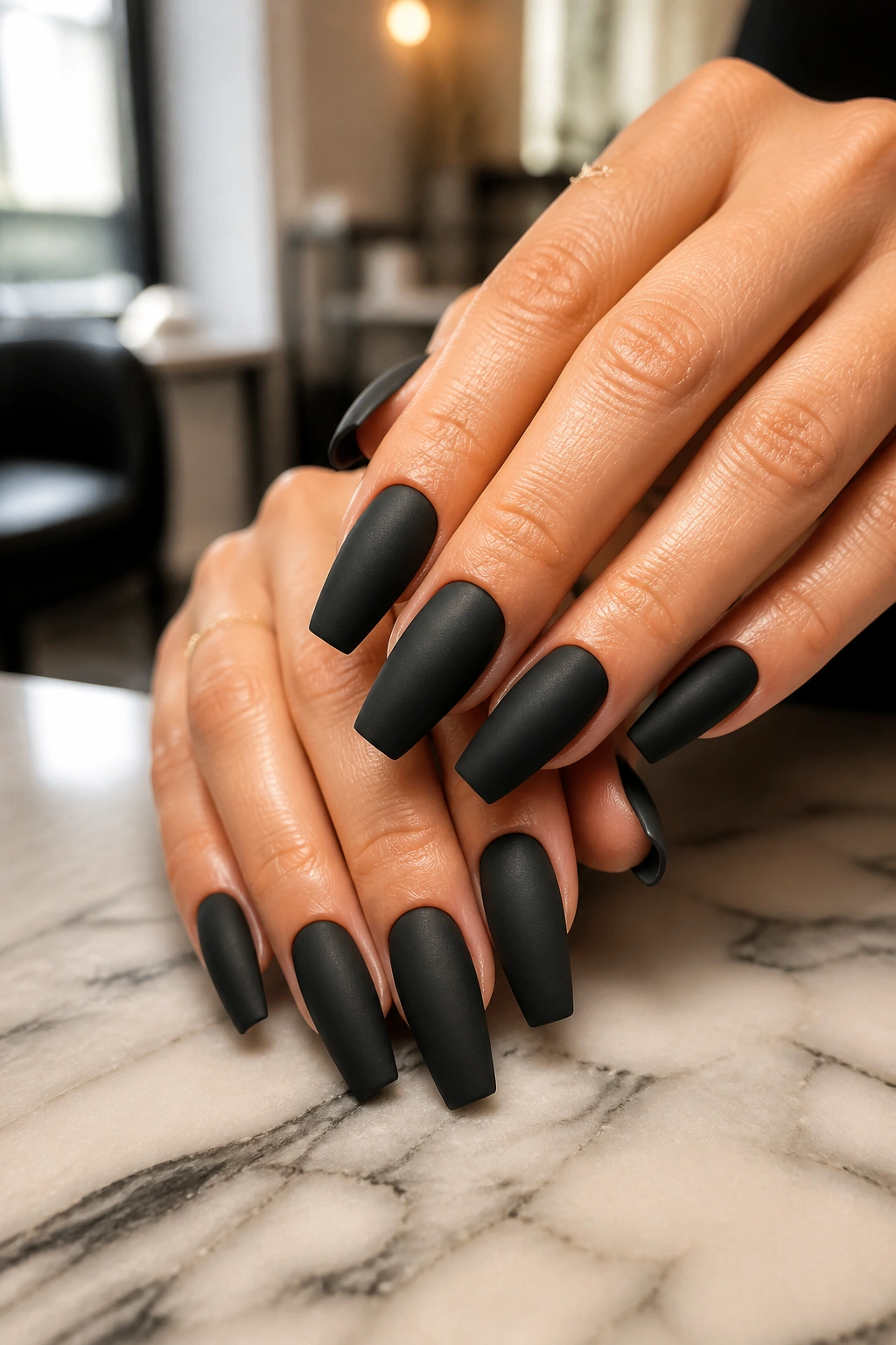 Close-up of real hands with matte coffin nails showing precise edges and velvet finish.