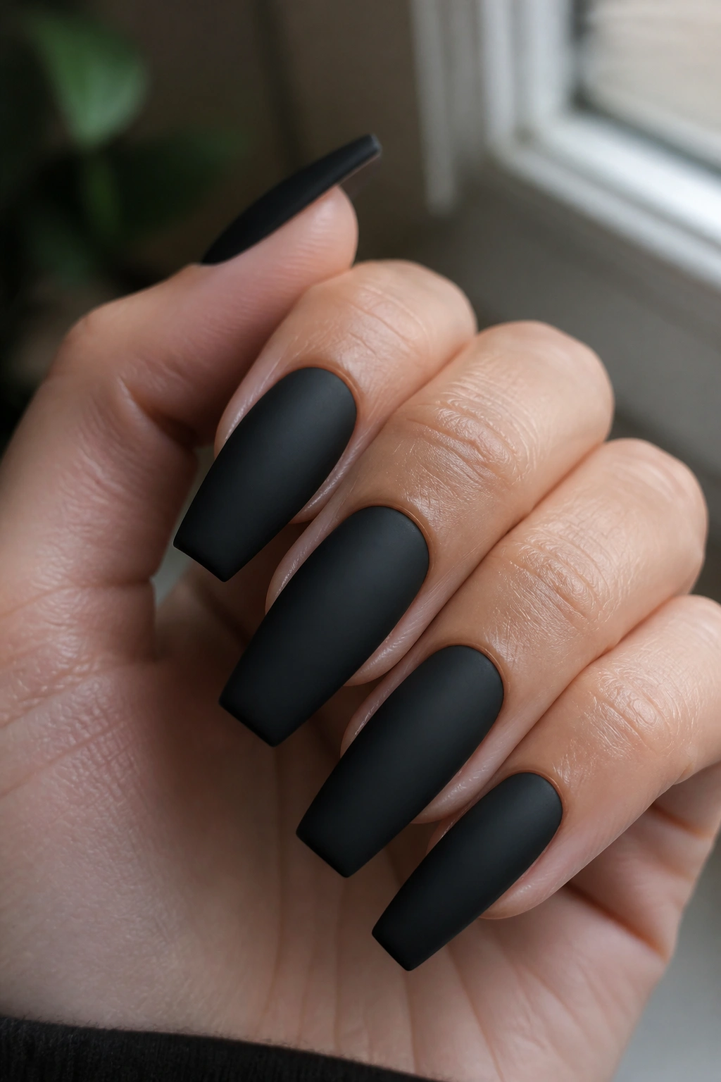 Close-up of real hand with flat matte jet-black coffin nails