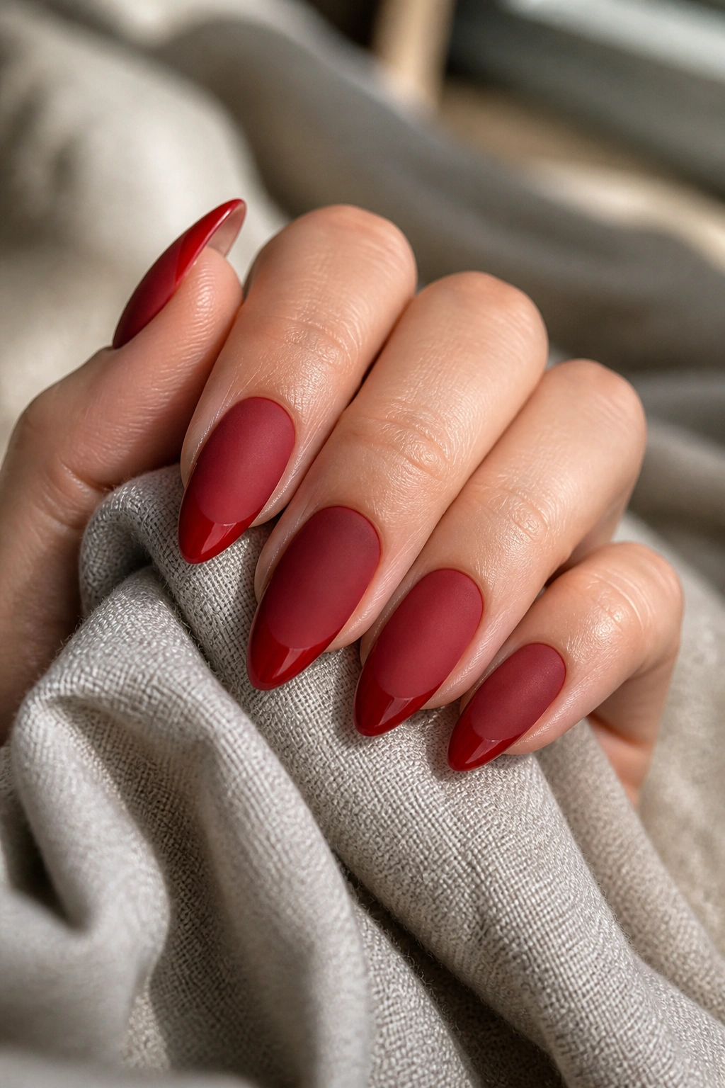 Close-up of long almond nails with matte crimson base and glossy tips on a real hand