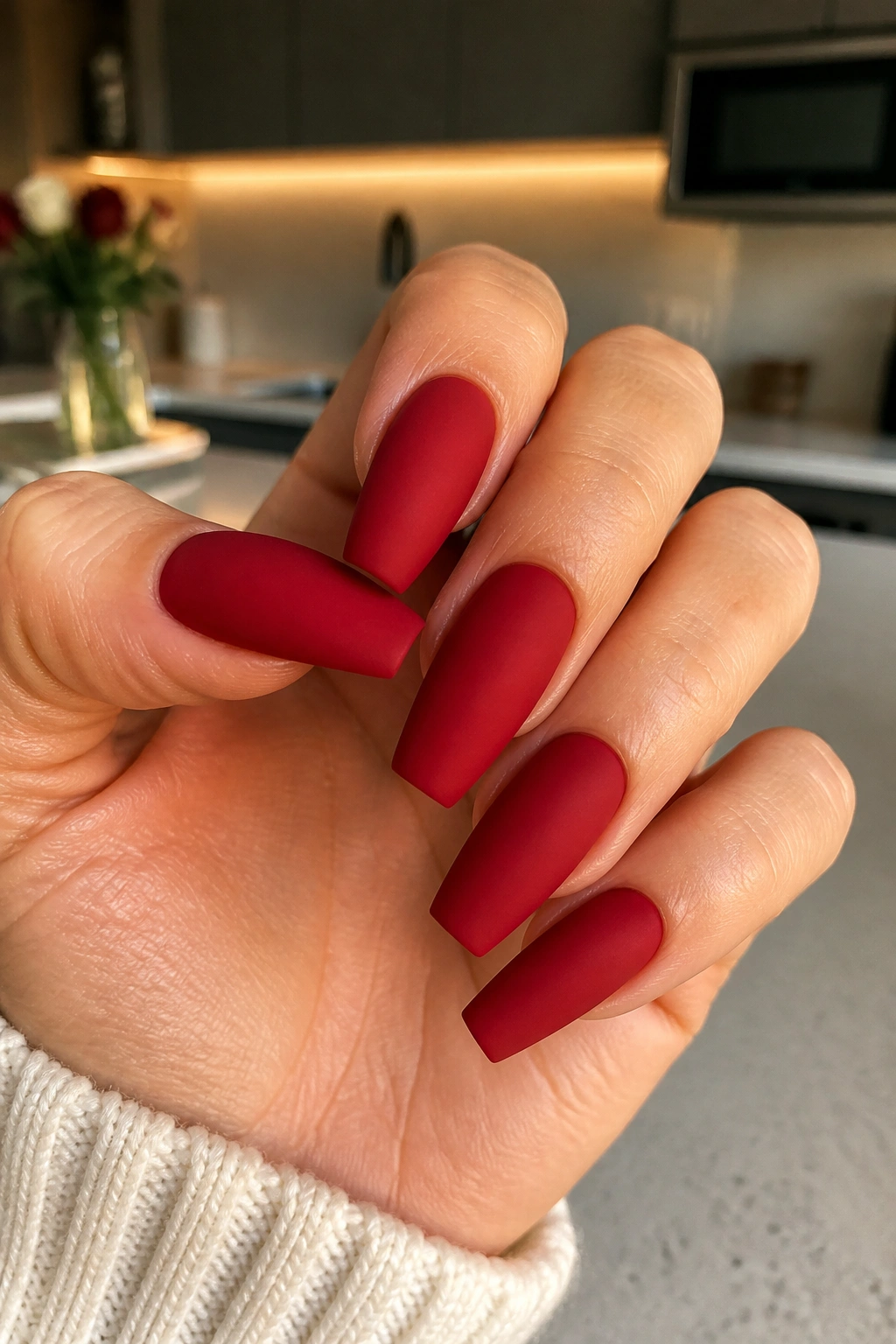 Matte crimson coffin nails on a real hand