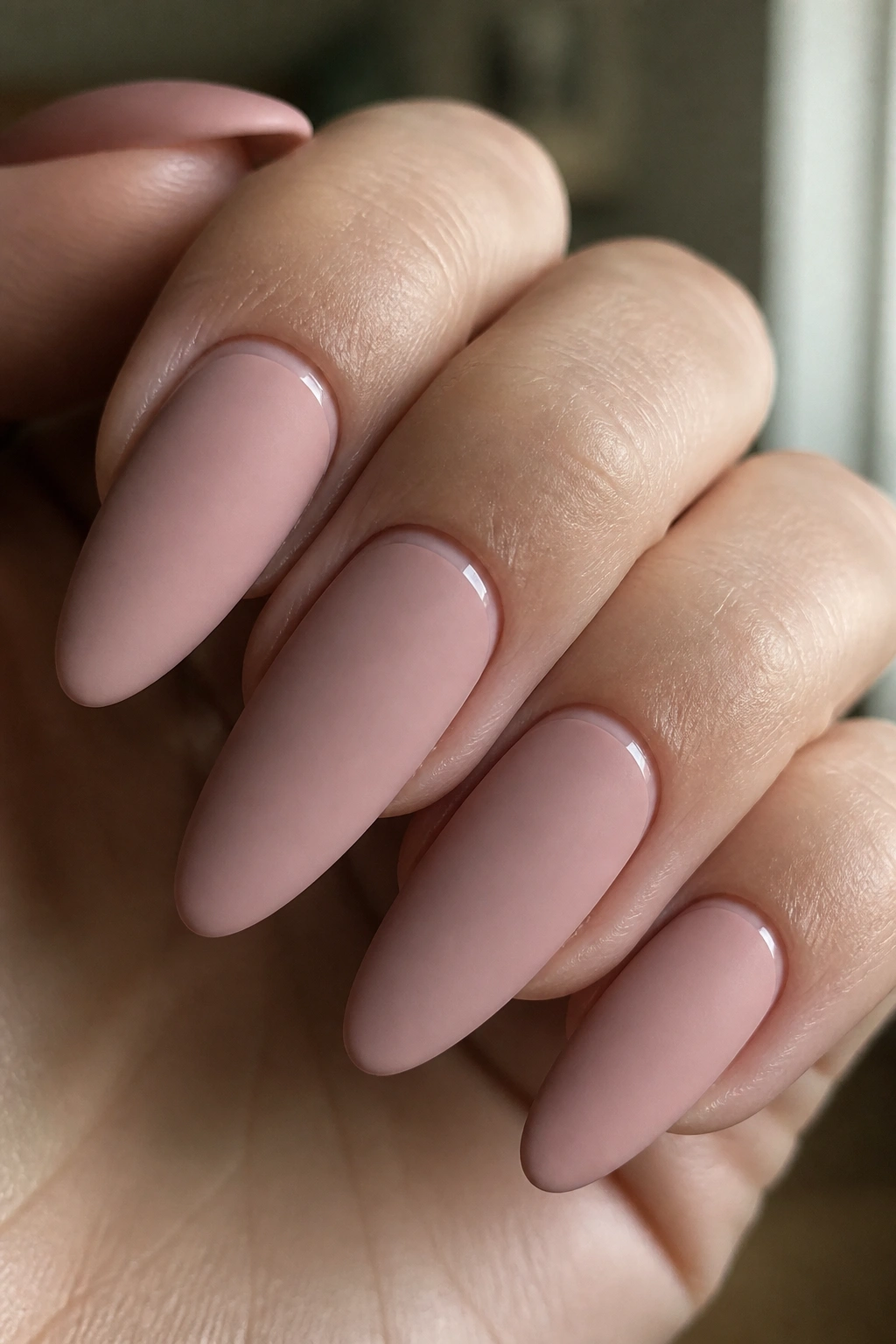 Almond nails in matte dusty ballet pink with glossy base line