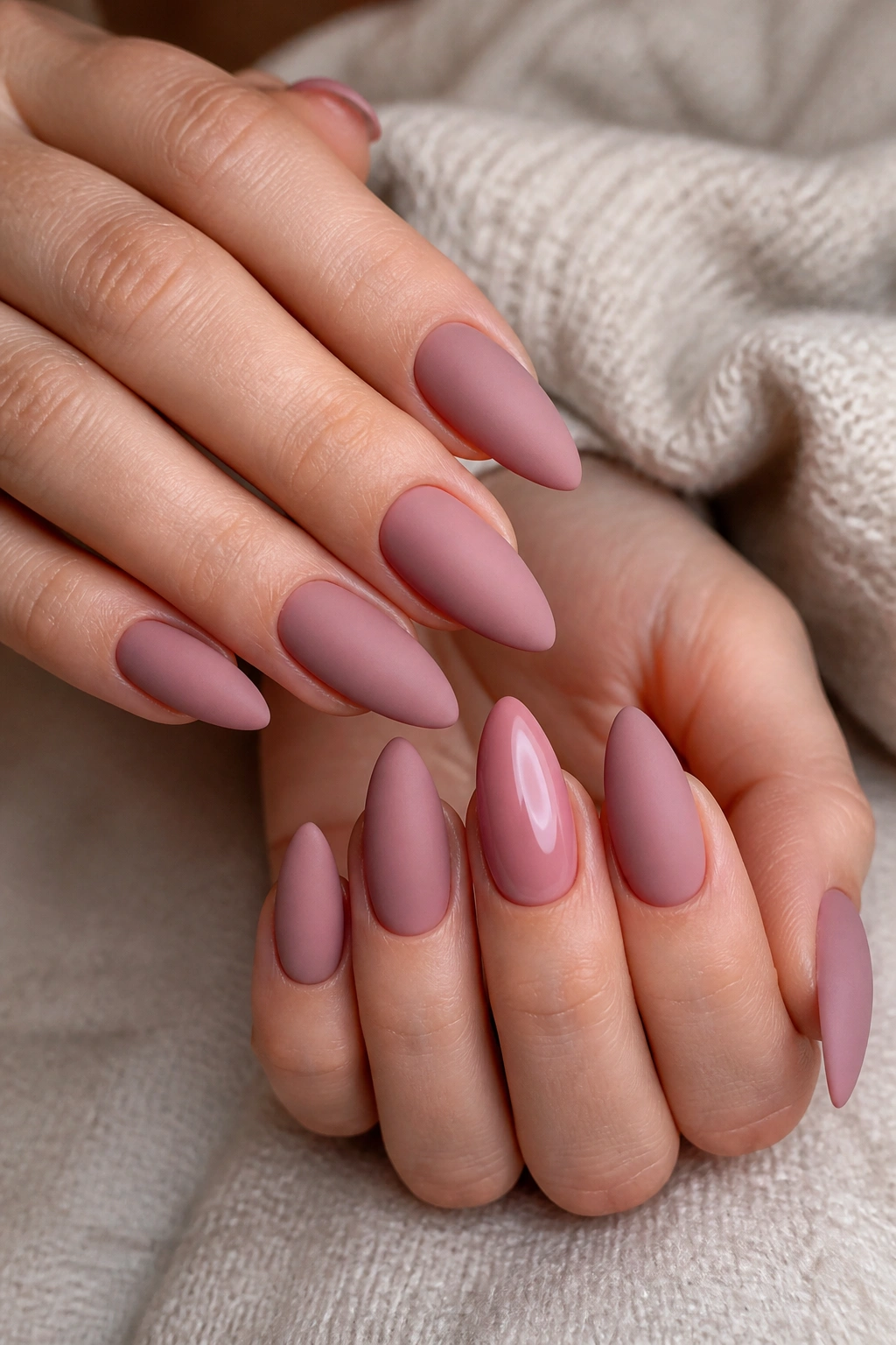 Close-up of a real hand showing matte dusty rose nails with one glossy accent nail