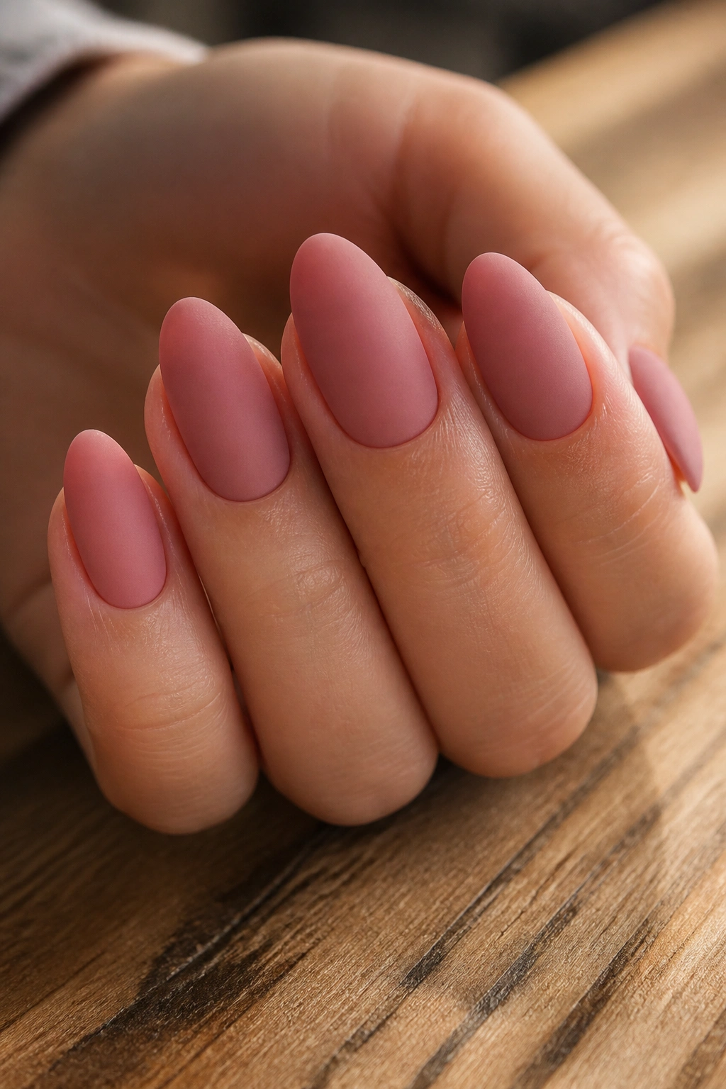 Almond nails in matte dusty rose on warm wood surface