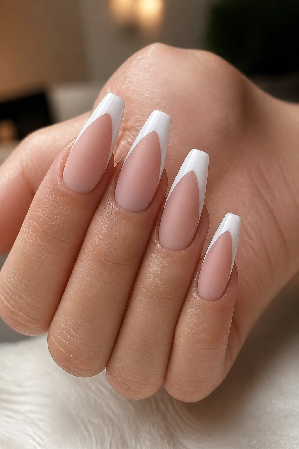 Real hand with matte French coffin nails and glossy tips