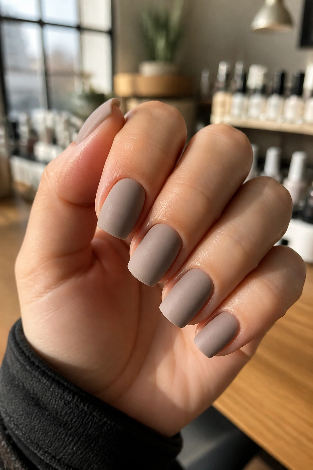 Close-up of short coffin nails painted matte greige on a real hand in a warm salon