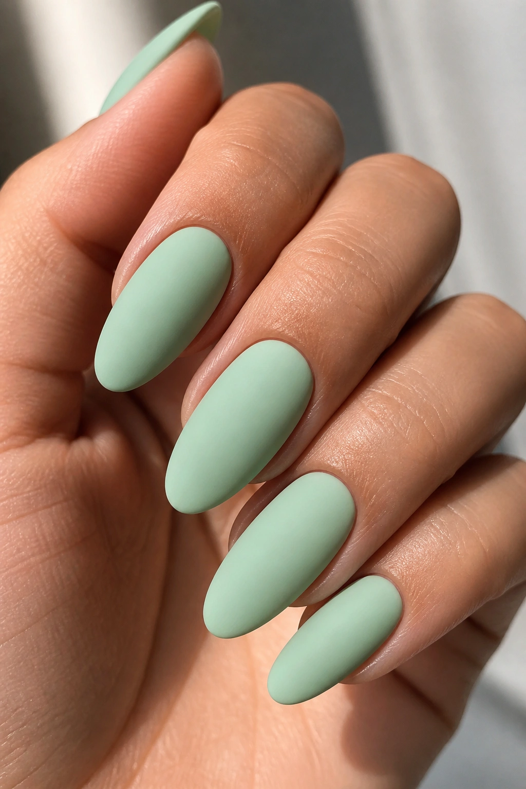 Close-up of matte mint almond nails on a real hand