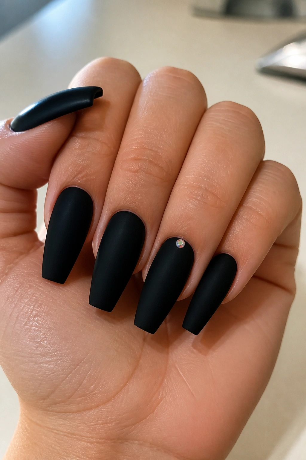 Close-up of matte black coffin nails with a single tiny crystal near the cuticle