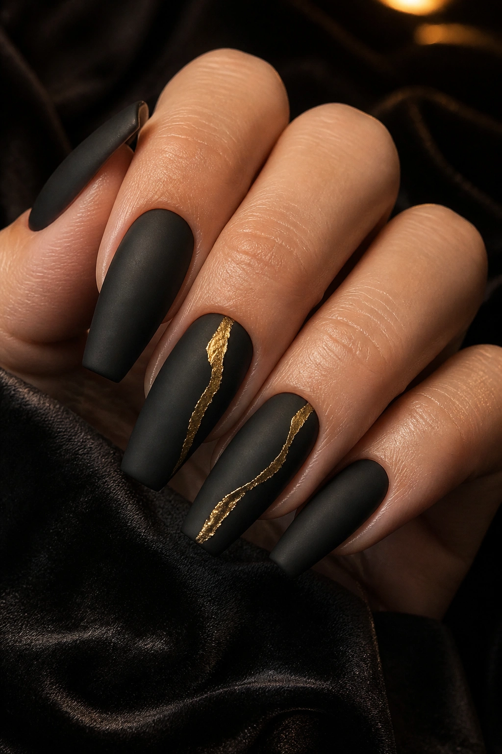 Matte black coffin nails with torn gold foil cracks on two nails