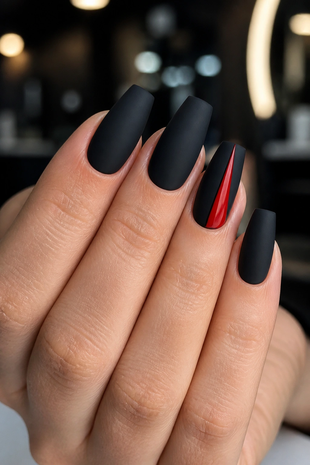 Close-up of matte black coffin nails with a red accent blade on a real hand