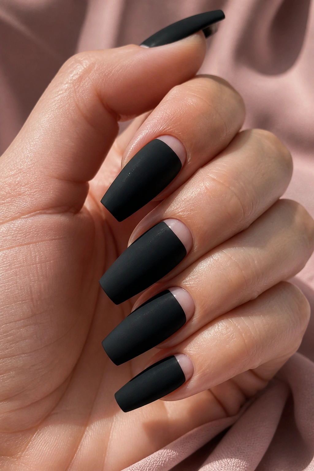 Matte black coffin nails with nude reverse French moons on nails