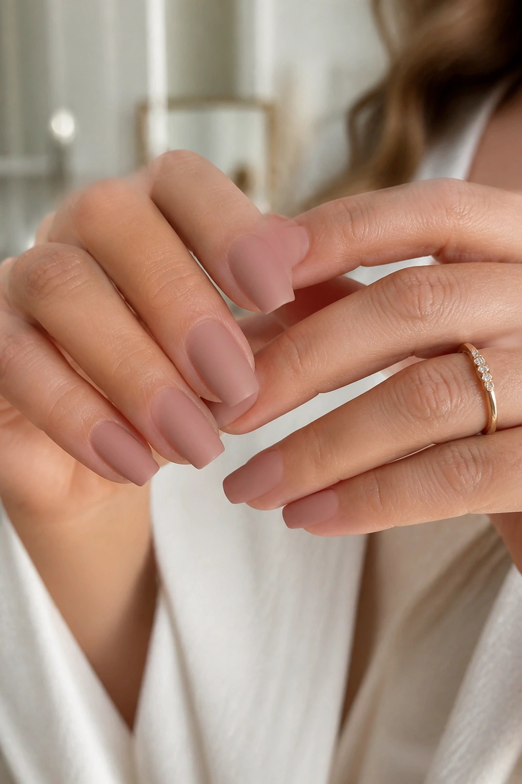 Close-up of short matte rosy nude coffin nails