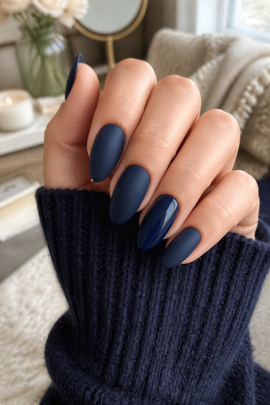 Matte navy nails with one glossy accent nail on real hand
