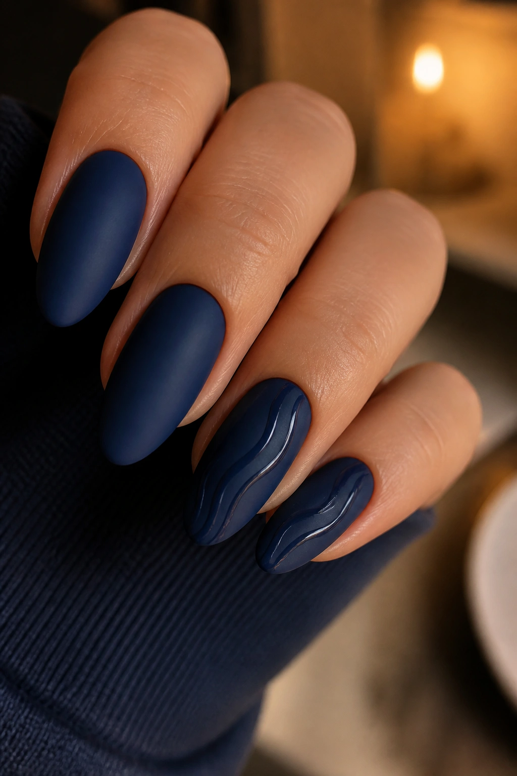 Almond nails matte navy base with thin glossy wave lines