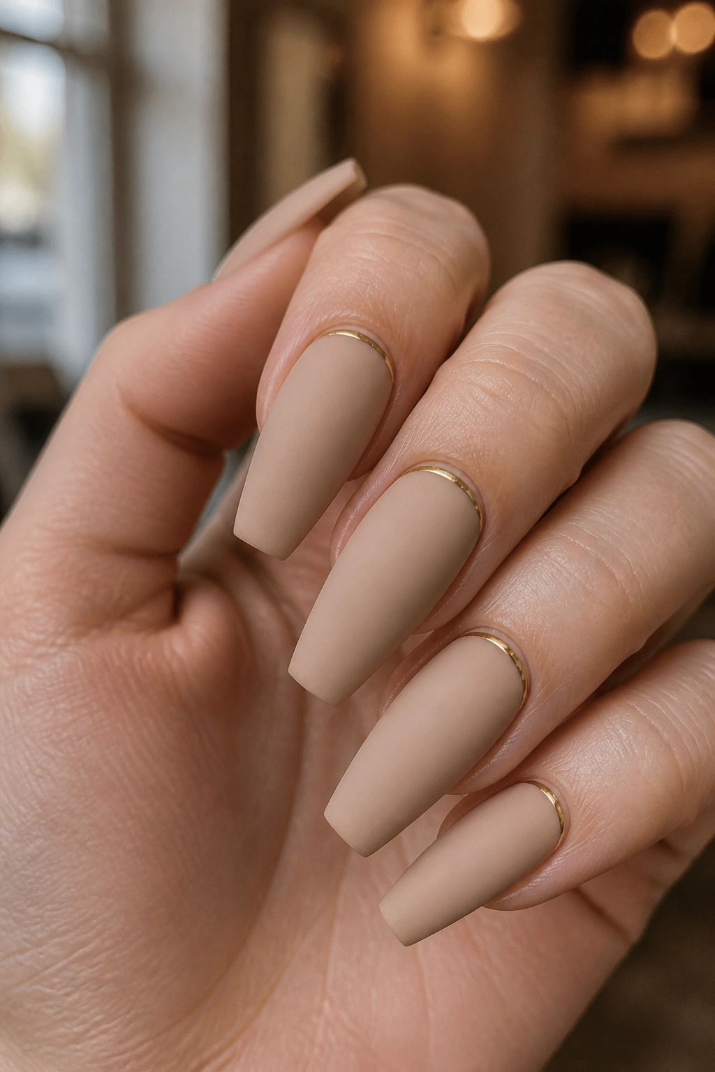 Matte nude coffin nails with gold cuticle line close-up