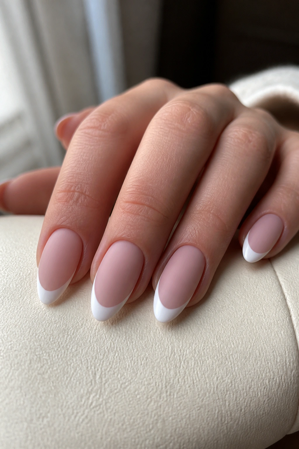 Close-up of a real hand with matte nude base and glossy French tips on almond nails.