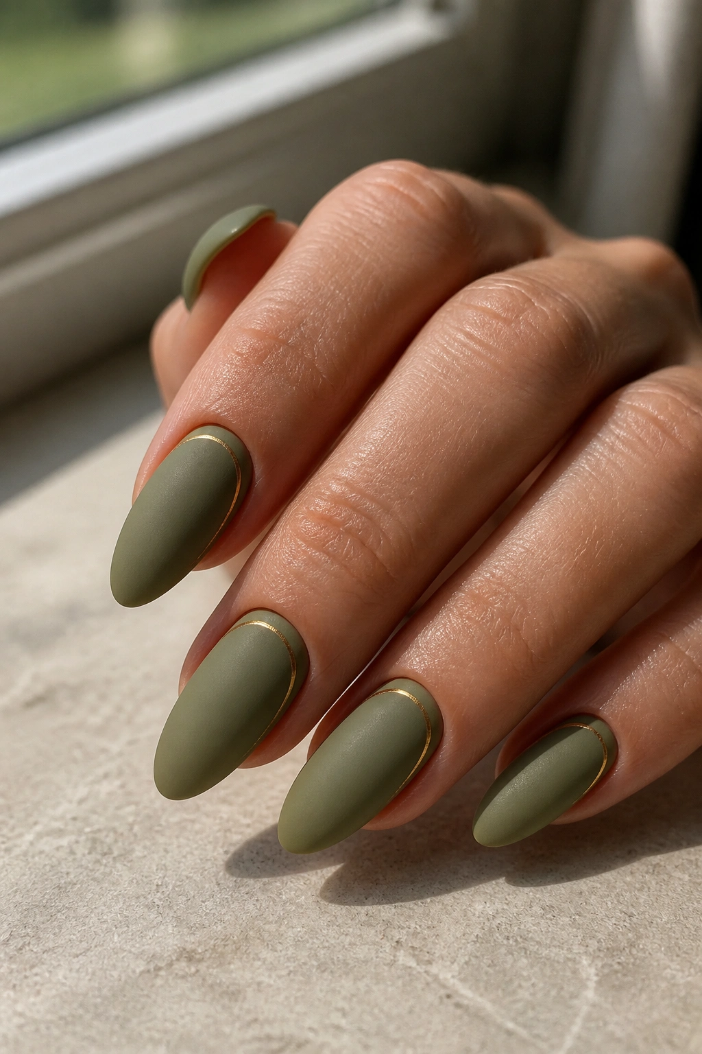 Almond nails with matte olive polish and a thin gold line