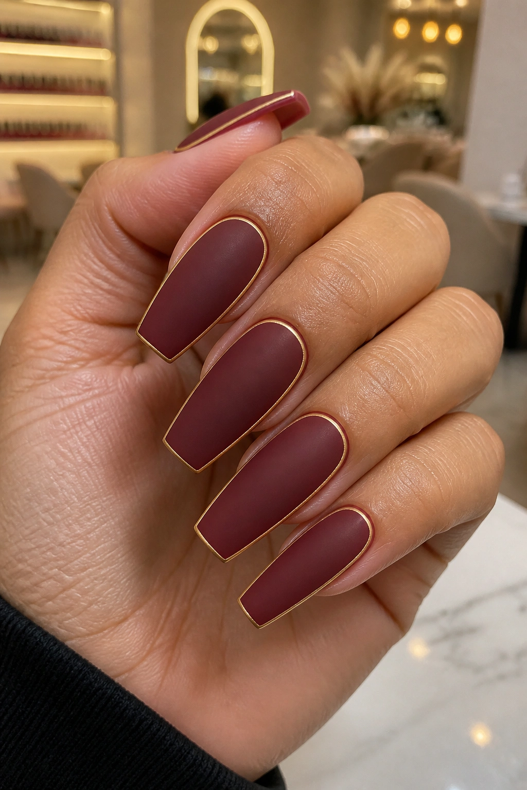 Matte oxblood coffin nails with a thin gold outline on a real hand
