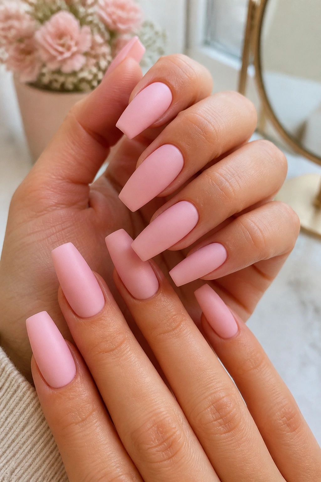 Close-up of matte ballet pink coffin nails on real hands