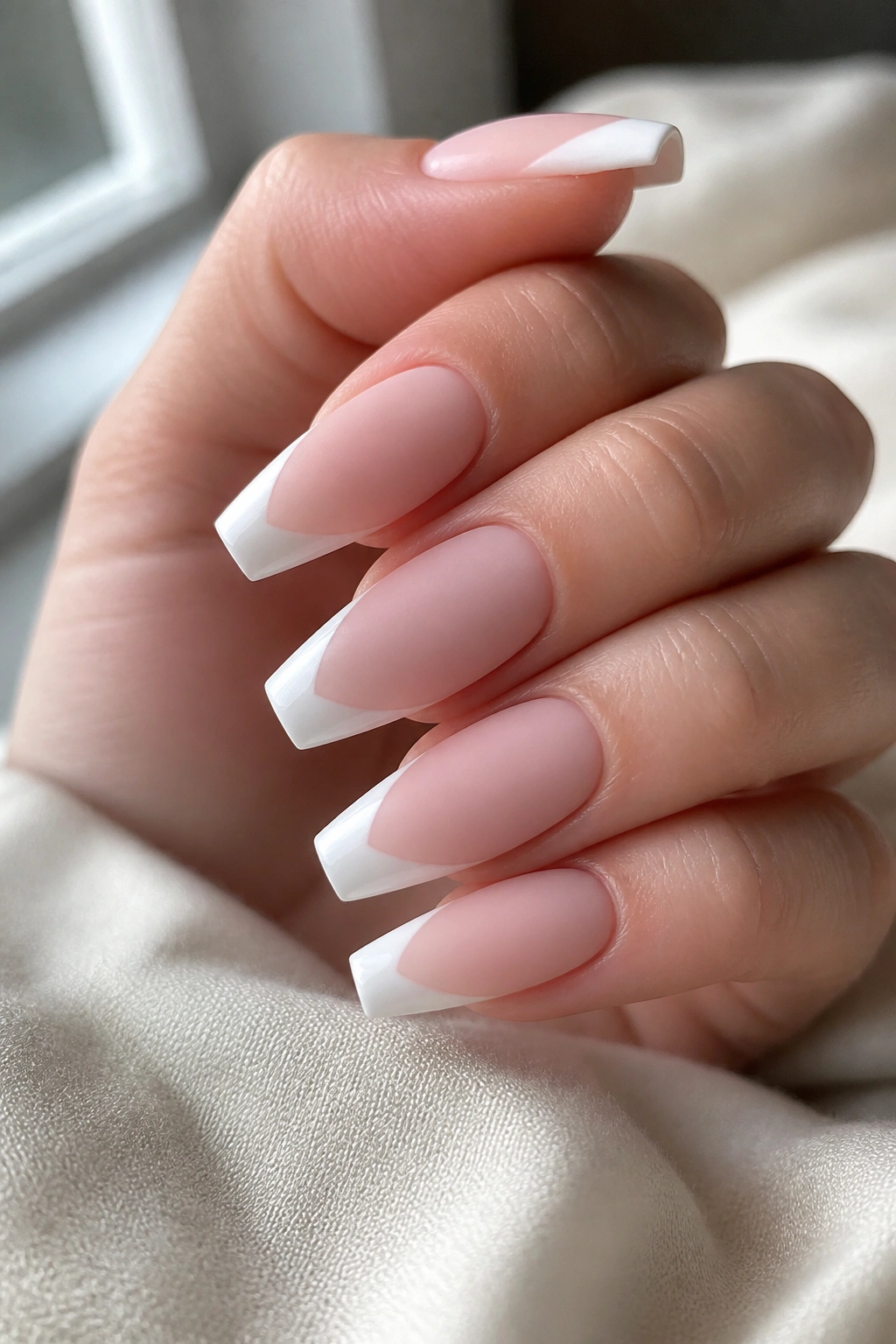 Close-up of coffin nails with matte blush pink base and glossy white tips