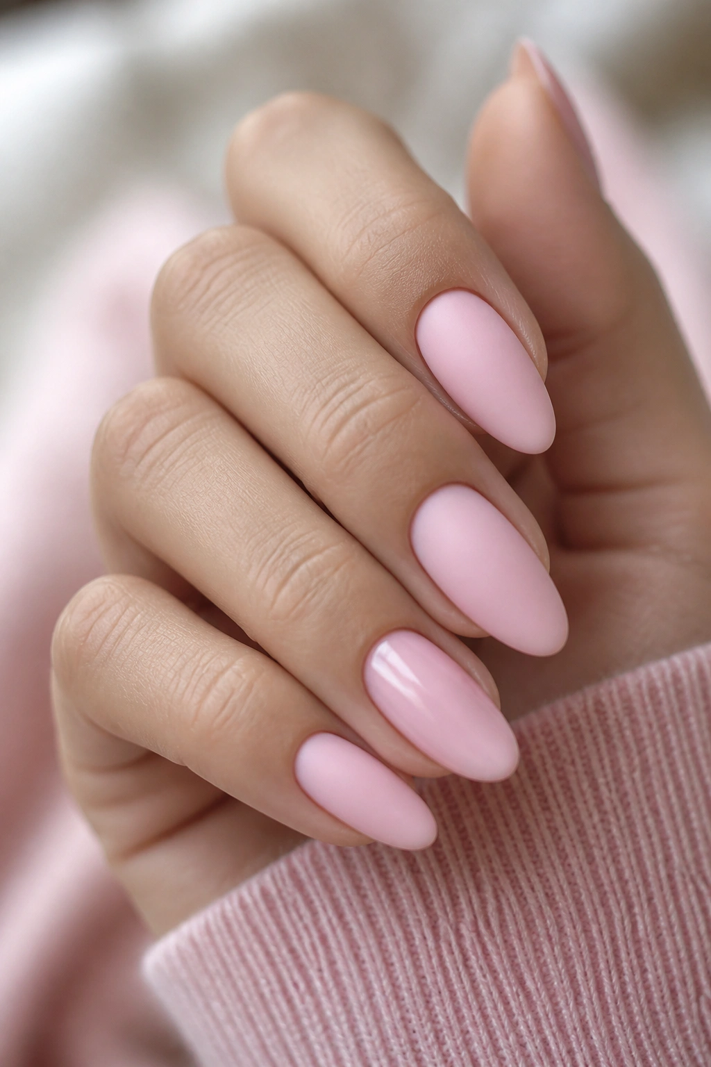 Close-up of a real hand with matte pink almond nails and one glossy accent nail