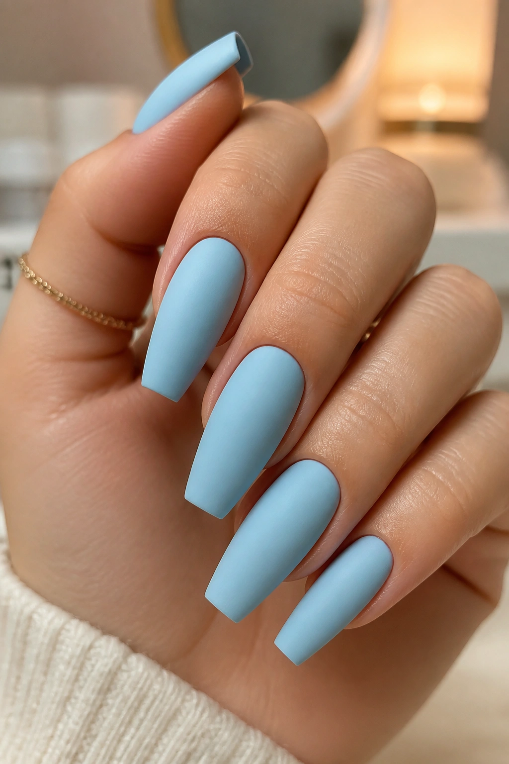 Close-up of real hand with matte powder blue coffin nails on a vanity