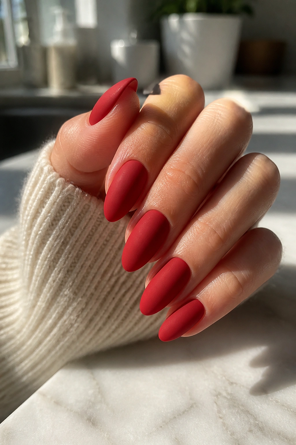 Close-up of a hand with matte scarlet almond nails.