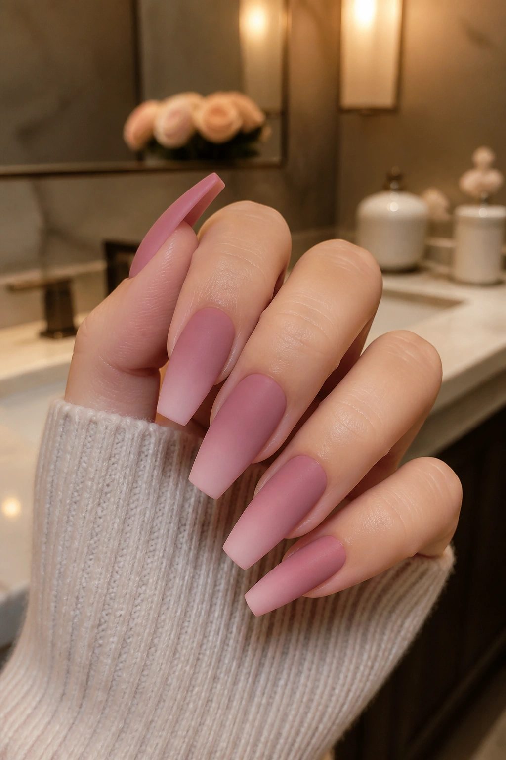 Close-up of matte dusty rose ombre coffin nails on a real hand