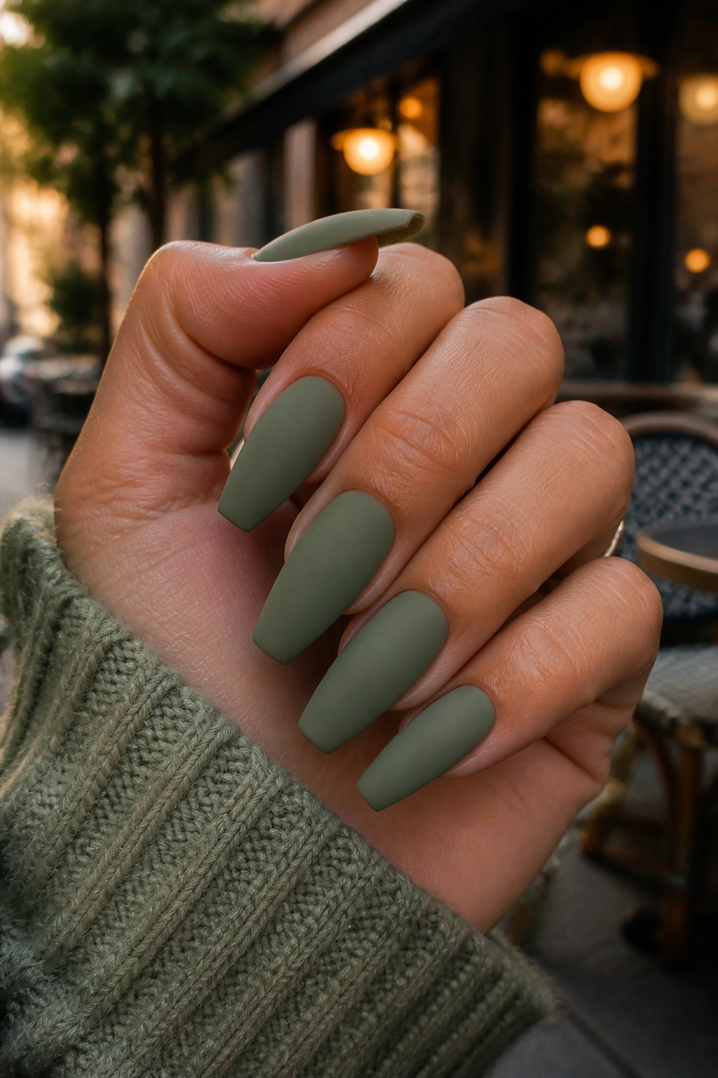Close-up of matte sage coffin nails with velvet finish on real hand