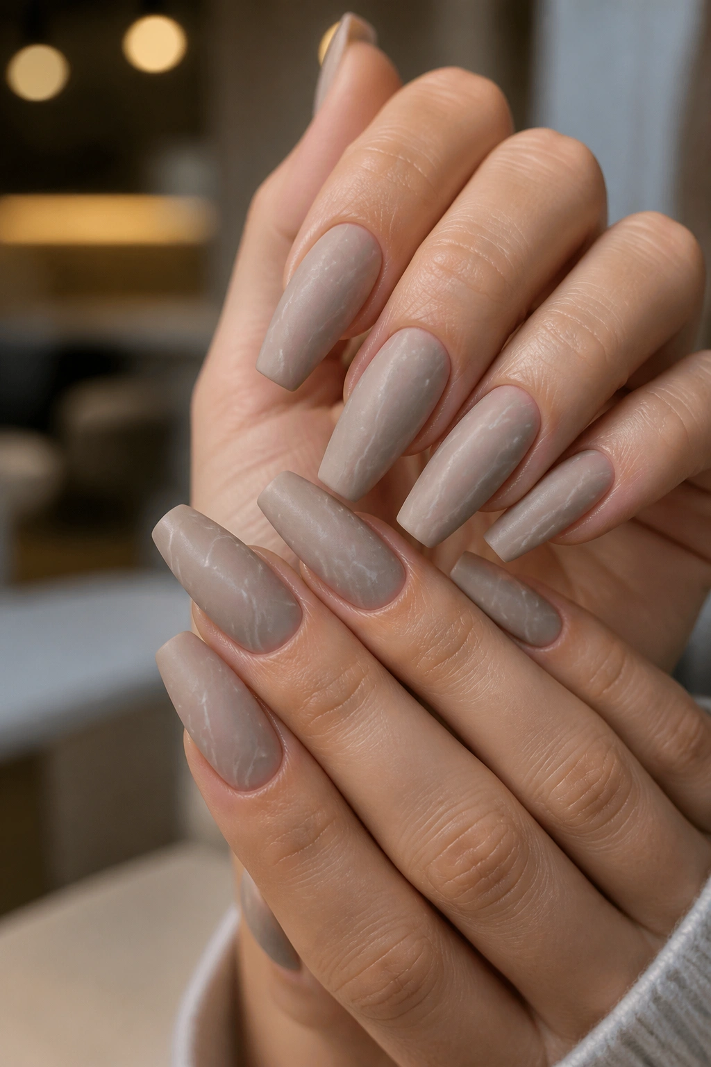 Close-up of matte taupe marble coffin nails with white webbing on a real hand in a salon setting