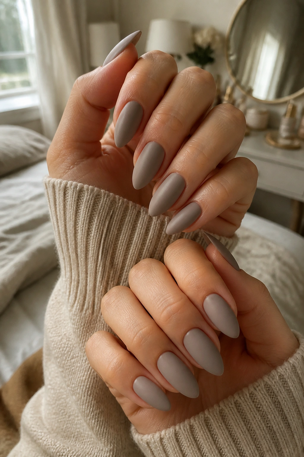 Close-up of matte taupe almond nails on a hand with natural window light