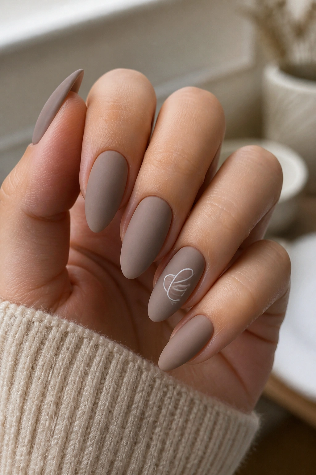 Matte taupe almond nails with a white script-like mark on the tips