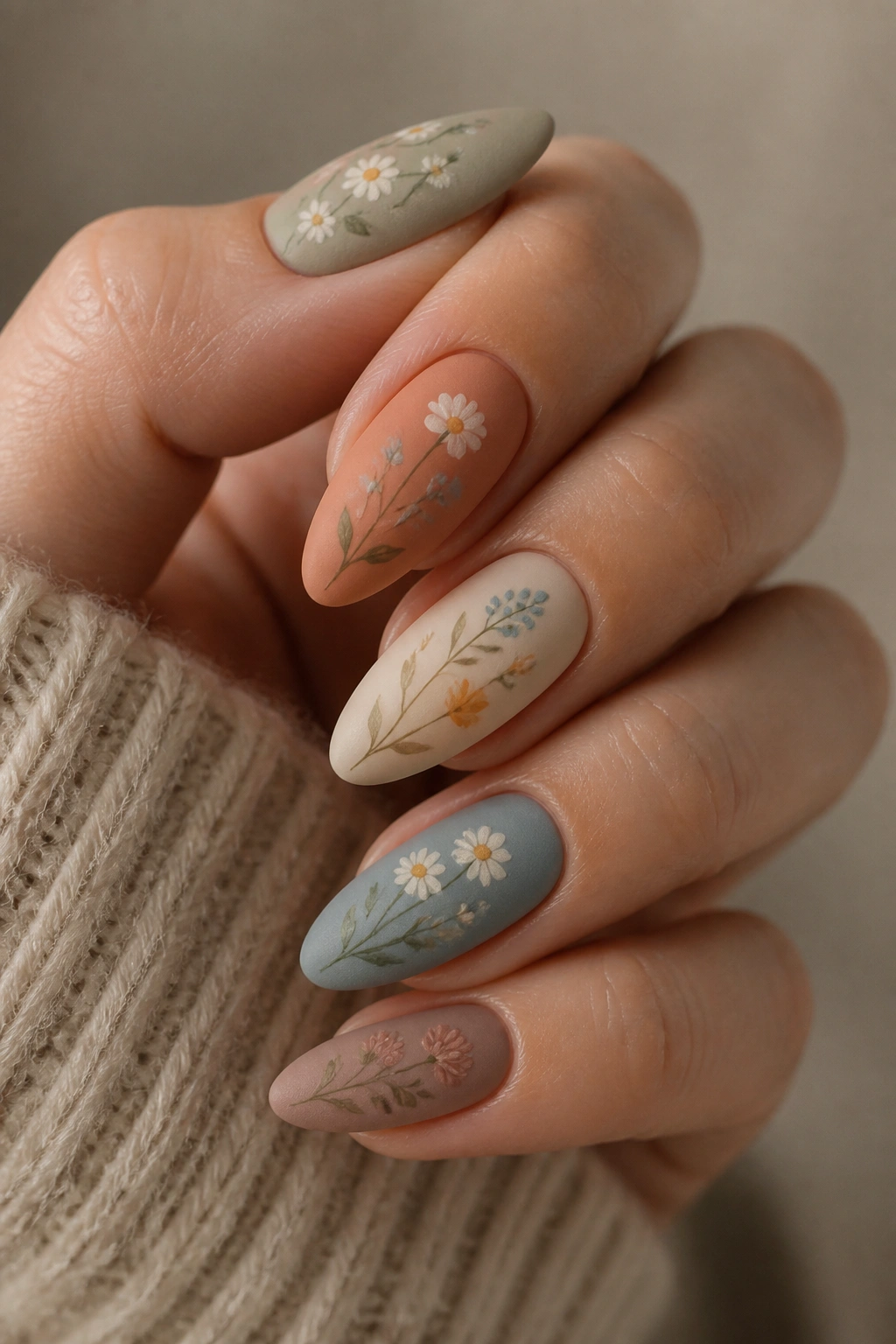 Almond nails with matte muted wildflower pattern