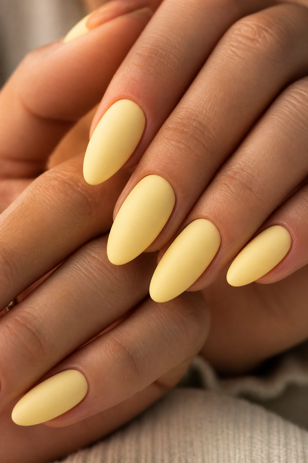 Close-up of matte butter yellow almond nails on a real person’s hands