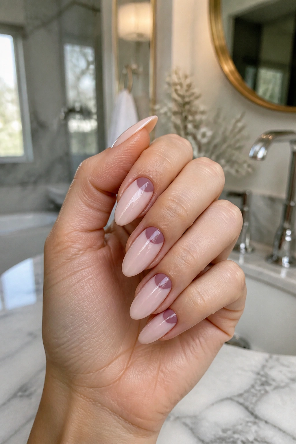 Close-up of almond nails with mauve half-moon design on real hand