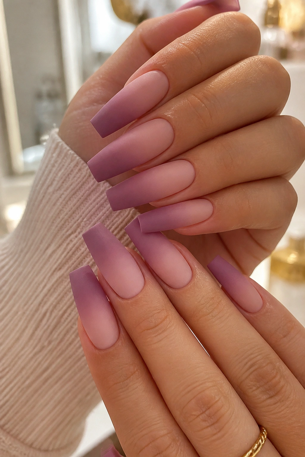 Close-up of mauve matte ombre coffin nails on hands