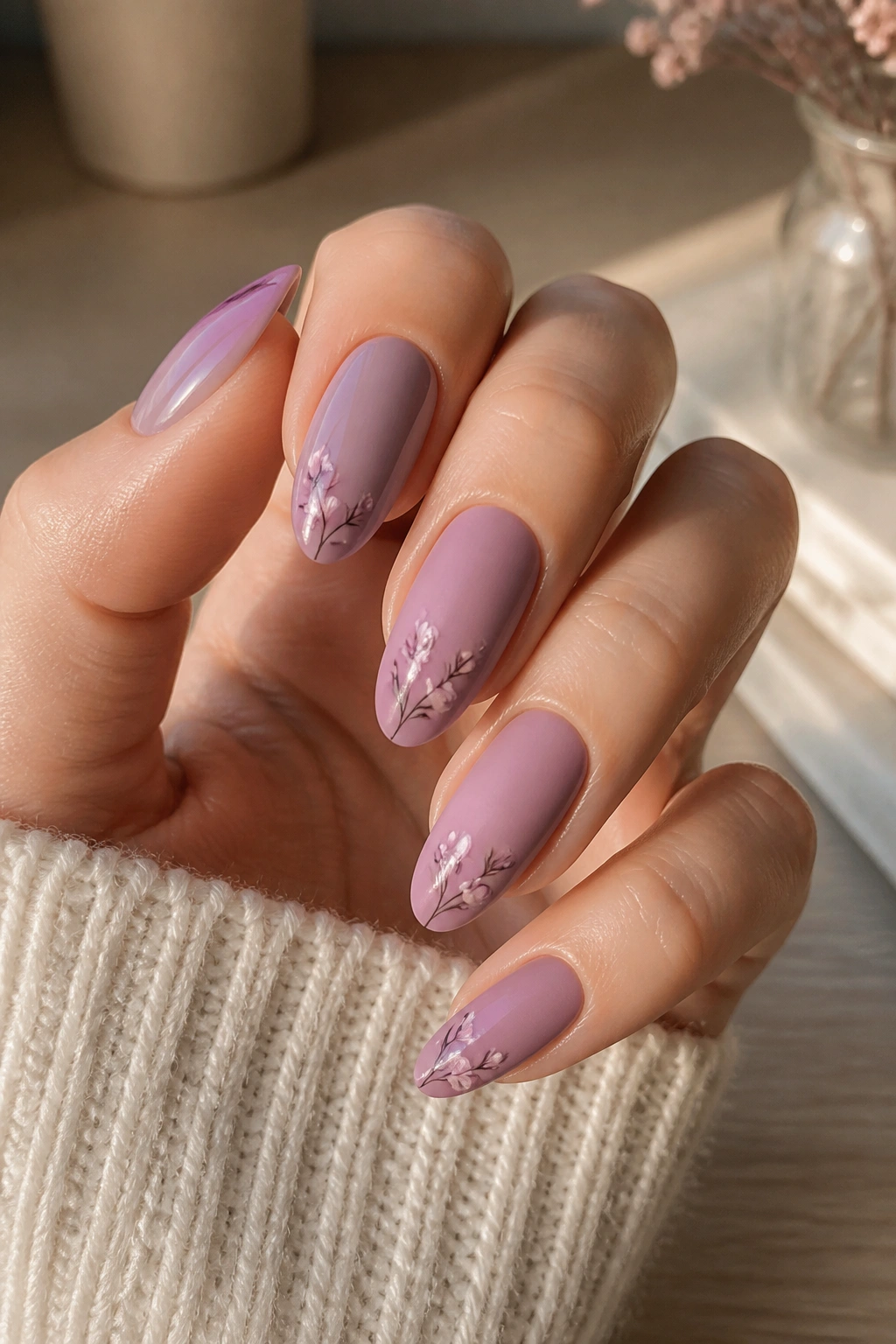 Mauve almond nails with fine linework floral details
