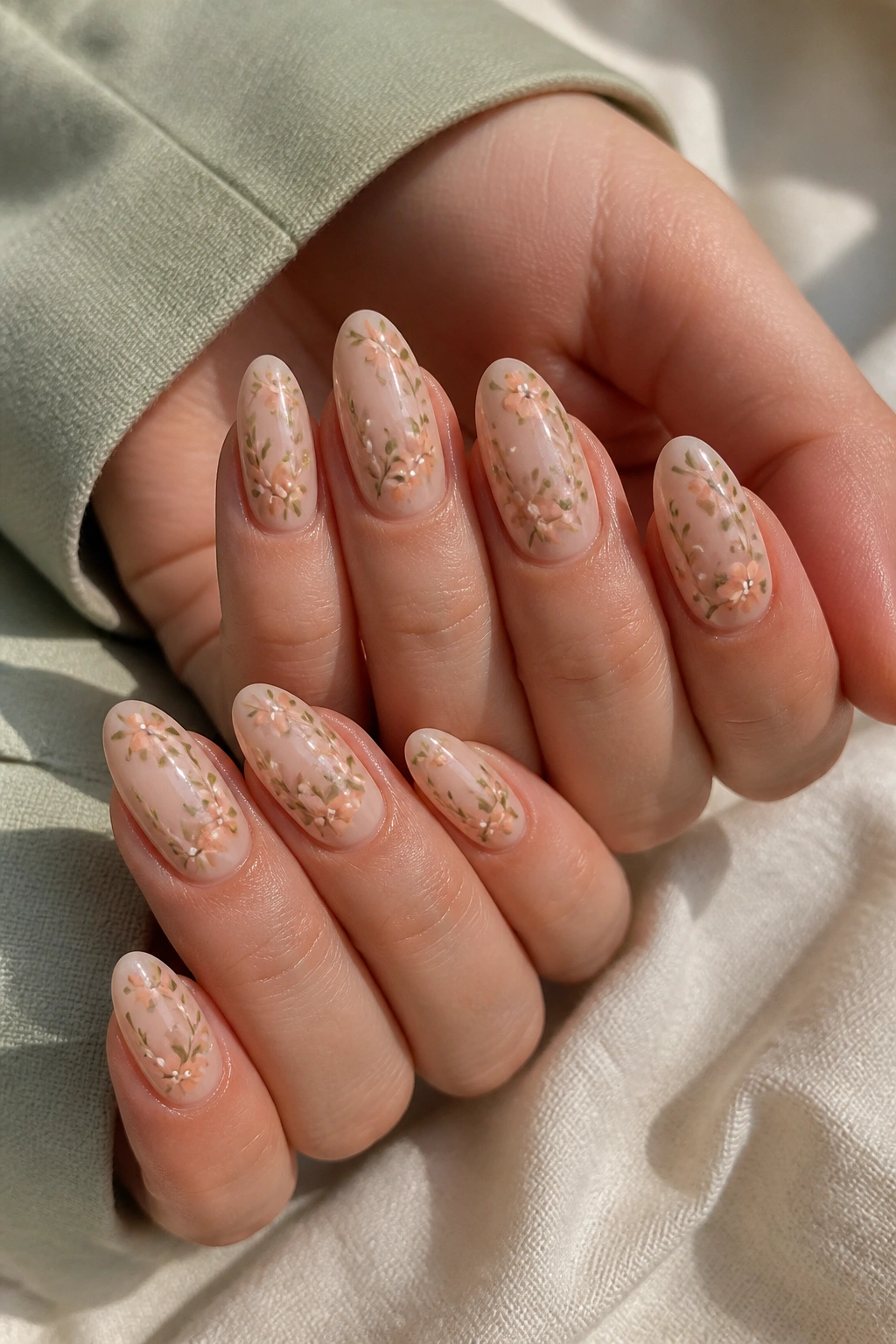 Close-up of almond nails with soft green and peach meadow floral nail art on nude base