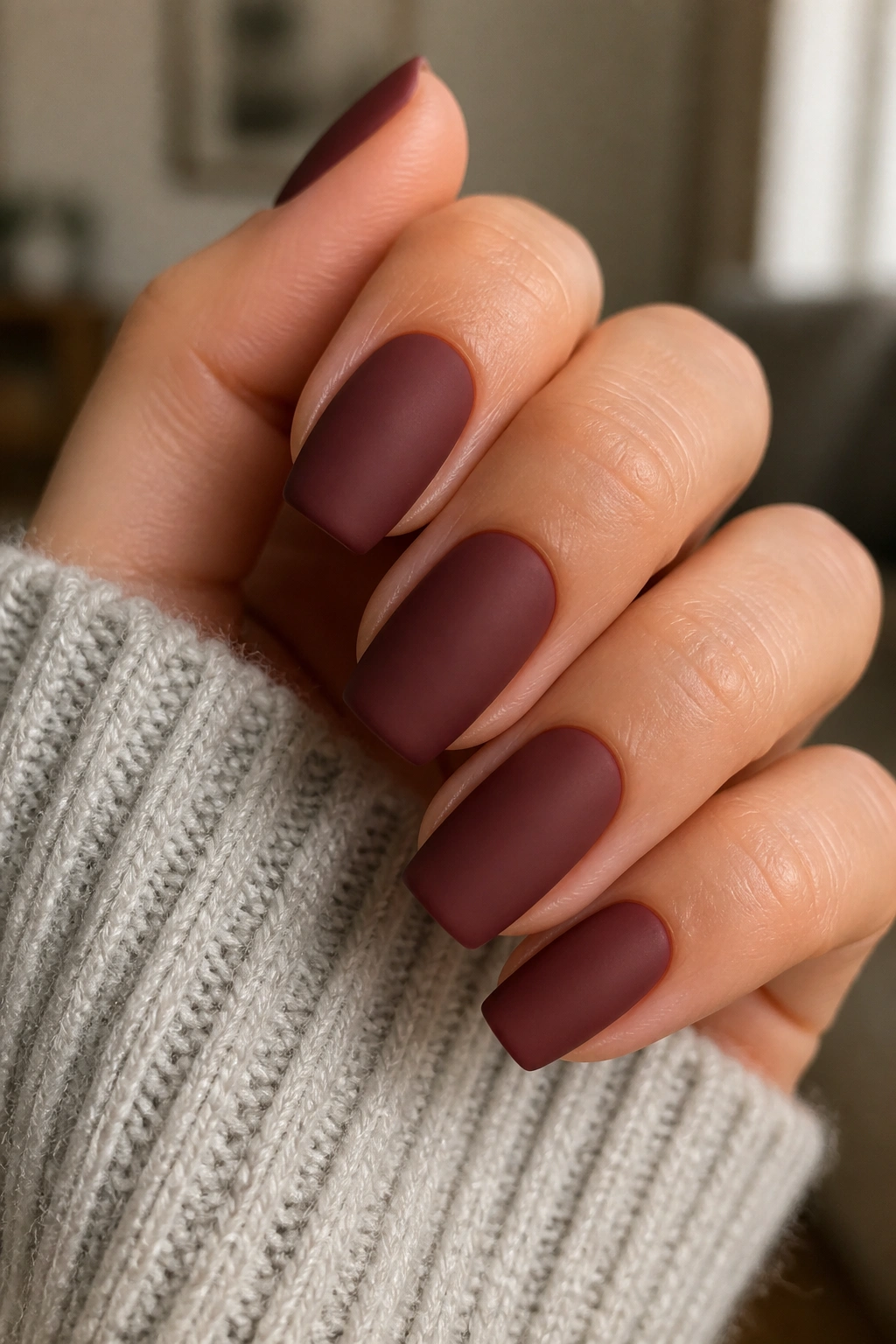 Close-up of a hand showing shorter coffin nails in soft merlot matte
