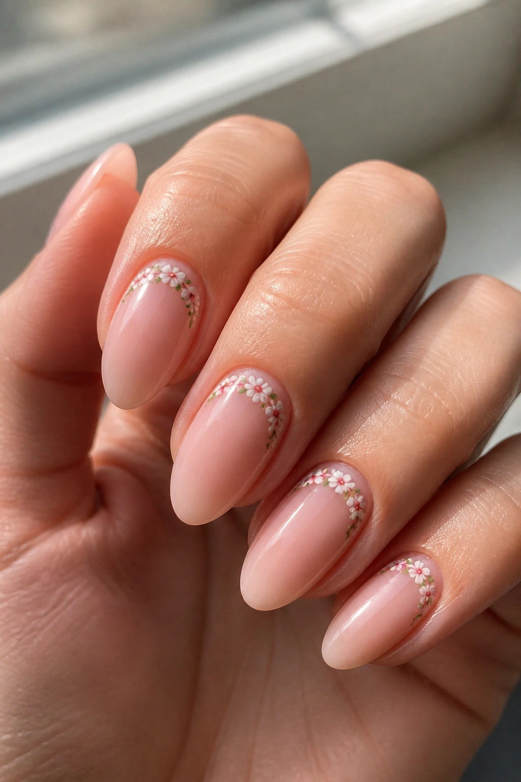Almond nails with tiny floral borders near cuticle