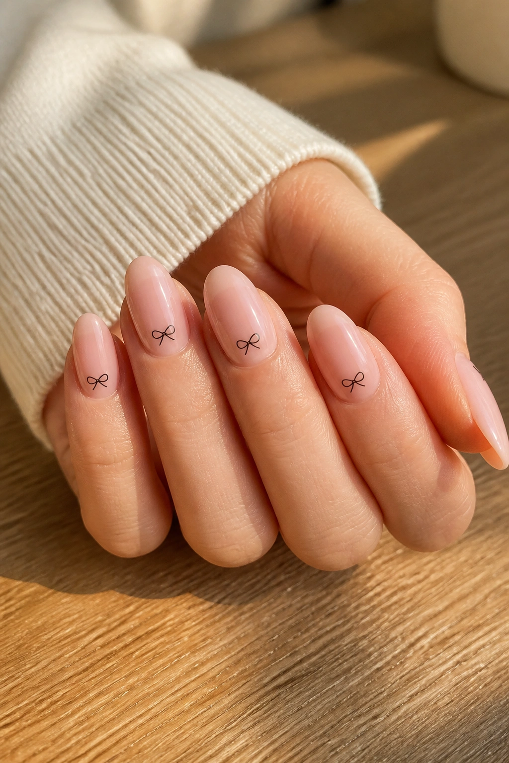 Close-up of almond nails with micro-bow line art on a minimalist manicure