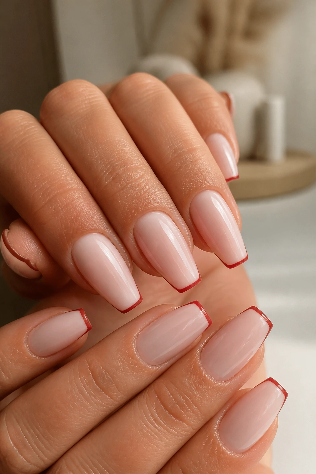 Micro French cherry red tips on milky nude base nails on real hands